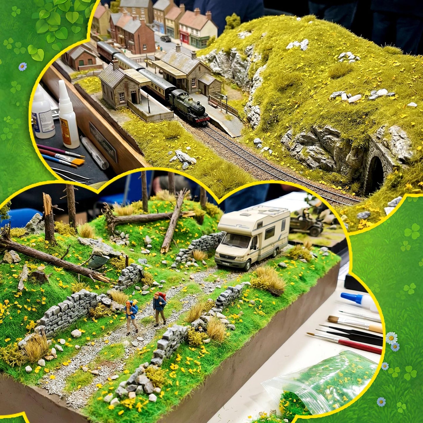 Warmtree 4 Pcs Static Grass Flock Stone Scenery Terrain Kit, Model Rock Gravel Ground Grass Miniature Scene DIY Figurine Landscape Terrain Grass for Model Railway, Fairy Gardens, Dioramas Supplies