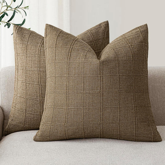Foindtower Set of 2 Decorative Linen Check Throw Pillow Covers Neutral Farmhouse Vintage Cushion Covers Modern Boho Home Decor for Sofa Chair Couch Bedroom Living Room Outdoor,26×26 Inch,Light Brown