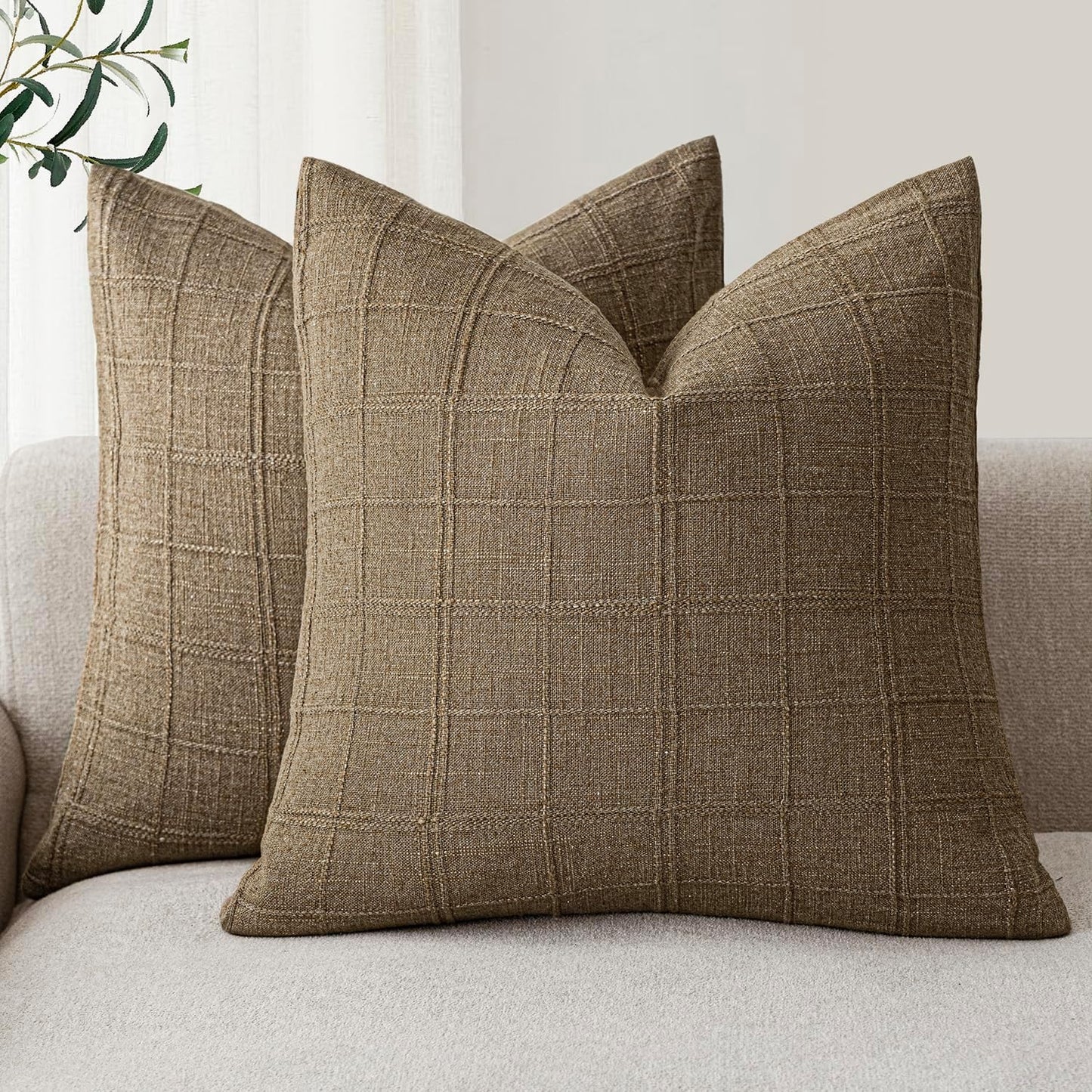 Foindtower Set of 2 Decorative Linen Check Throw Pillow Covers Neutral Farmhouse Vintage Cushion Covers Modern Boho Home Decor for Sofa Chair Couch Bedroom Living Room Outdoor,16×16 Inch,Light Brown