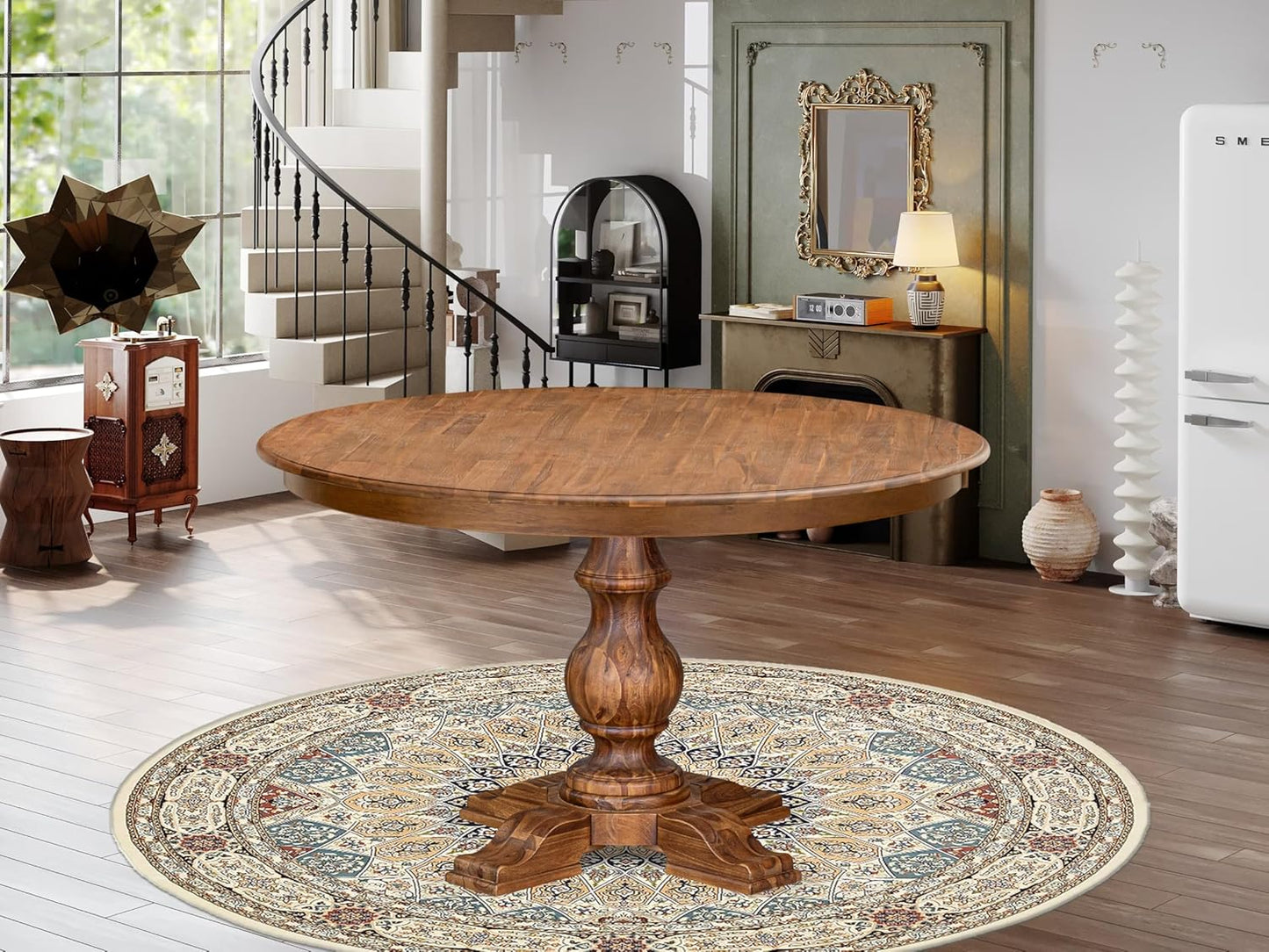 F55-0N-TP - Mid Century Modern Dining Table with Acacia Wood Round Tabletop, Antique Walnut Finish