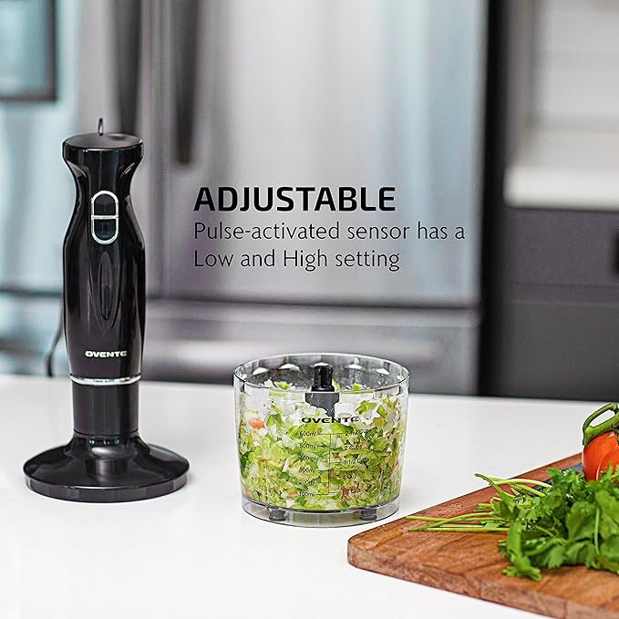 OVENTE Immersion Hand Blender Set, 300W Corded Electric Handheld Stick Mixer, 2 Mixing Speeds with Stainless Steel Blades, Egg Whisk, Beaker & BPA-Free Food Chopper, Black HS565B