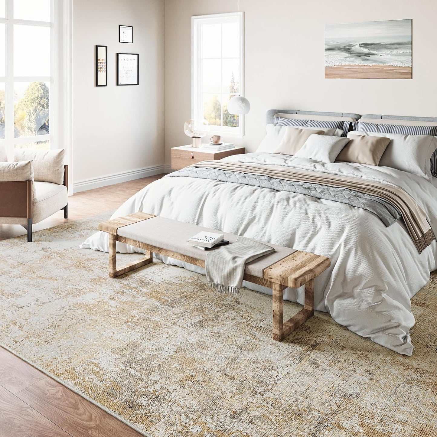 6x9 Washable Area Rug Gold Grey Neutral Abstract Living Room Bedroom Large Throw Rug Non Slip Soft Low Pile Indoor Floor Carpet for Dining Room Kitchen Office Entryway