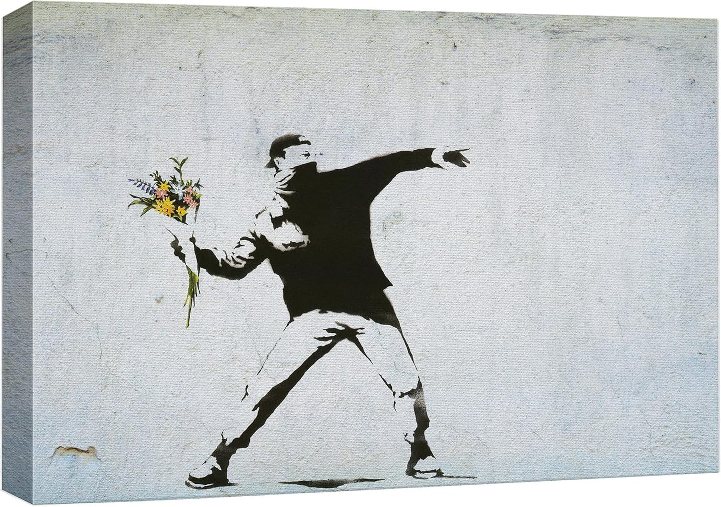 wall26 Canvas Print Wall Art Banksy Man Throws Yellow Flower Bouquet Graffiti & Street Art Pop Culture Illustrations Pop Art Bohemian Multicolor Dark for Living Room, Bedroom, Office - 32"x48"