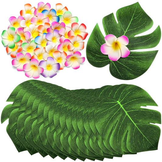 Thiccywoov 60 Pcs Tropical Party Decor Supplies 30 Pcs 8" Fak Monstera Leaves 30 Pcs 2.75" Artificial Plumeria Flower and Glue for Hawaiian Luau Jungle Beach Theme Table Wedding Party(Mixed Color)