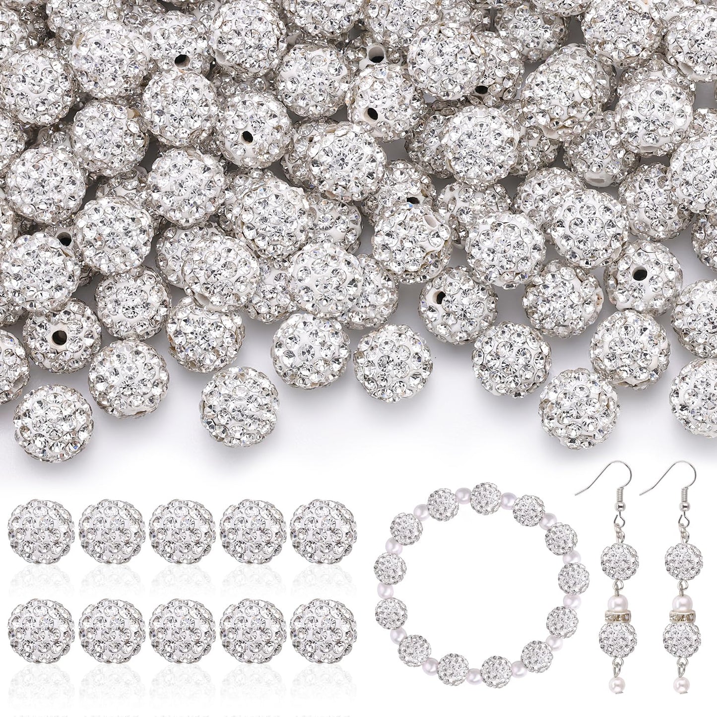 105pcs 10mm Rhinestone Beads for Jewelry Making, White Shiny Round Disco Ball Beads Bulk, Sparkle Crystal Clay Christmas Bead for Bracelet Baseball Necklace Earring Crafting and DIY