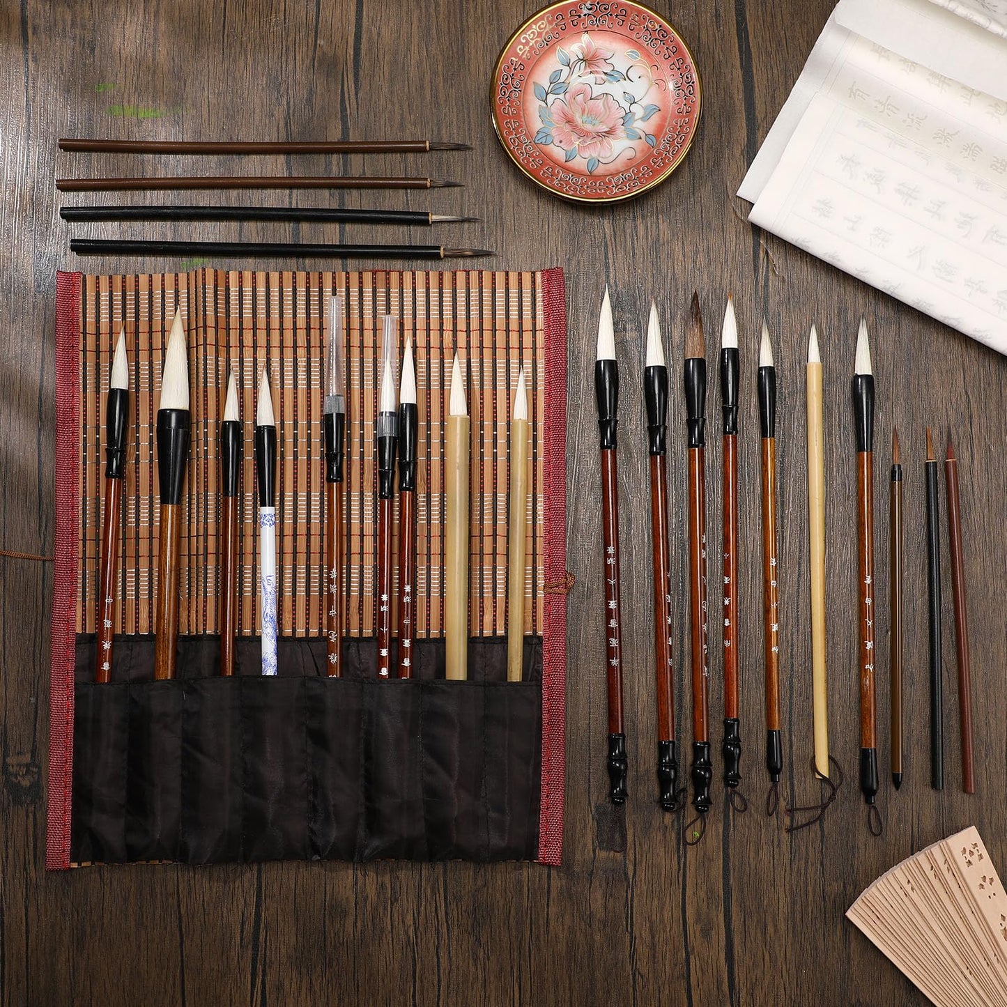Resurhang 48 Pcs Chinese Calligraphy Brush Set Watercolor Brushes Bulk with Roll up Bamboo Brush Holder Writing Drawing Brushes for Kanji, Japanese Sumi, Drawing, Writing, Painting, Art Supplies