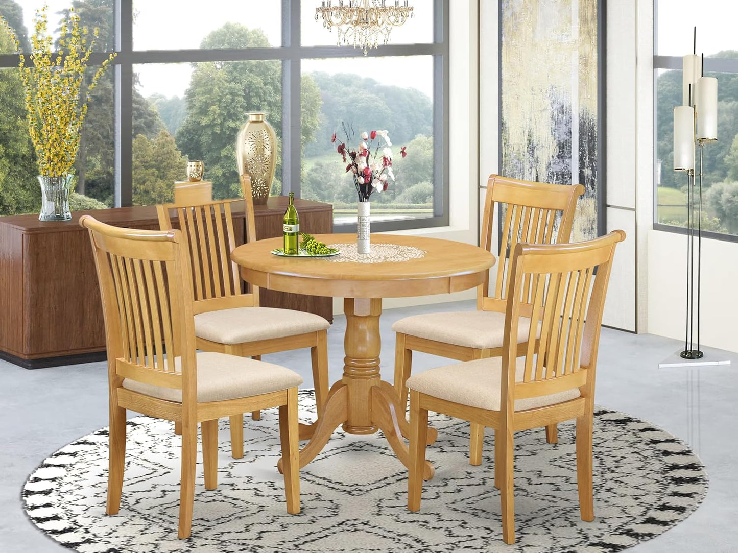 East West Furniture ANPO5-OAK-C 5 Piece Modern Dining Table Set Includes a Round Kitchen Table with Pedestal and 4 Linen Fabric Dining Room Chairs, 36x36 Inch, Oak