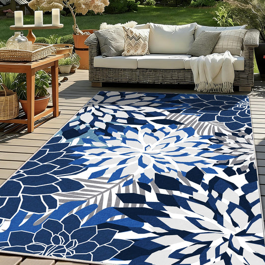 ZonLi Outdoor Rug 5x8Ft Waterproof Multicolored Blue White Indoor Area Rug Washable Outdoor Patio Rugs Tropical Floral Non Slip Outdoor Carpet for Living Room, Pool,Backyard,Deck,Camping.