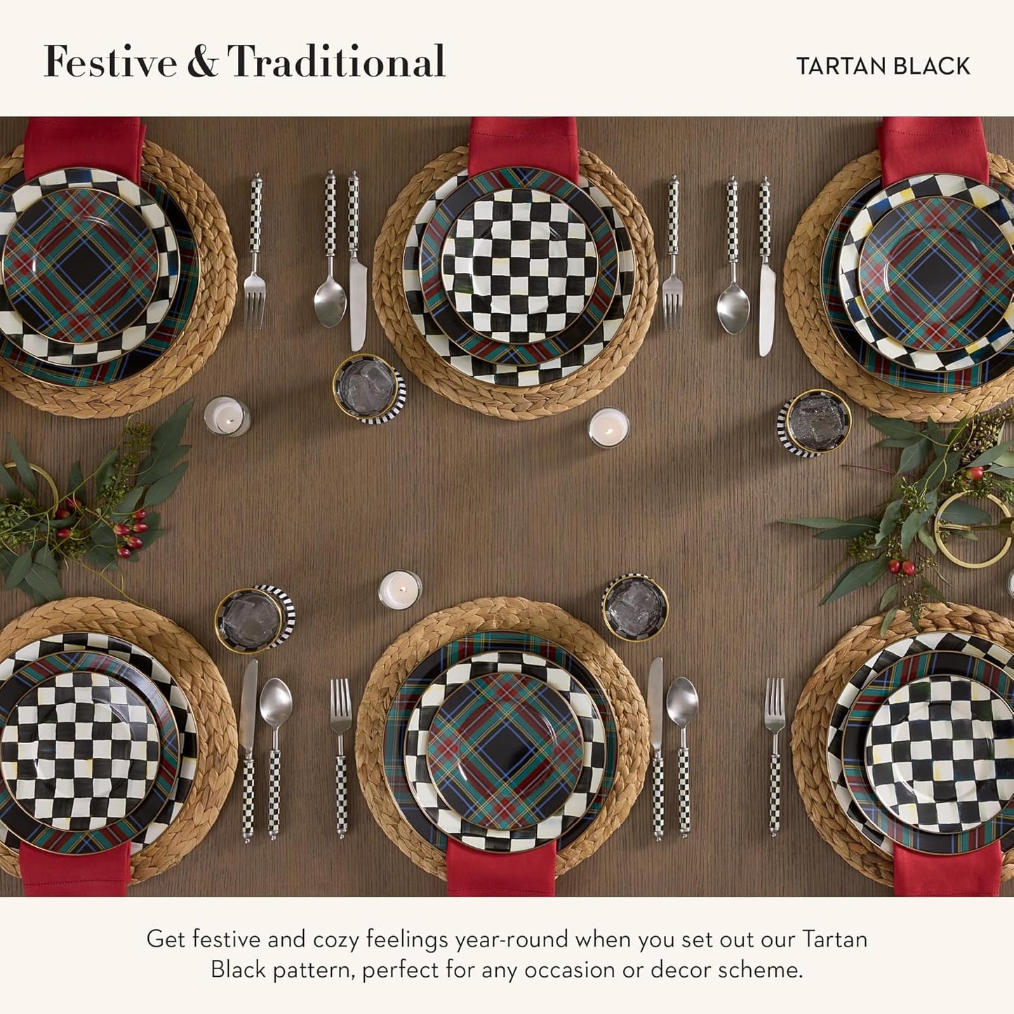 MACKENZIE-CHILDS Enamel Salad and Dessert Plate, Small Plate for a Dessert or Appetizer Dish, 8 Inches, Black Tartan