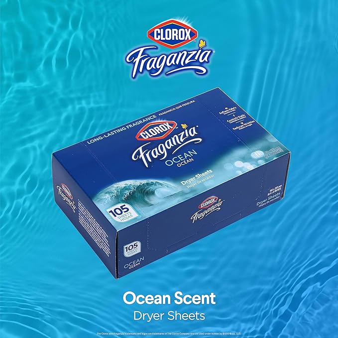 Clorox Fraganzia Fabric Softener Dryer Sheets, Ocean Scent - Wrinkle Reducing Scented Softening Laundry Dryer Sheets for Great Smelling Clothes, 105 Count