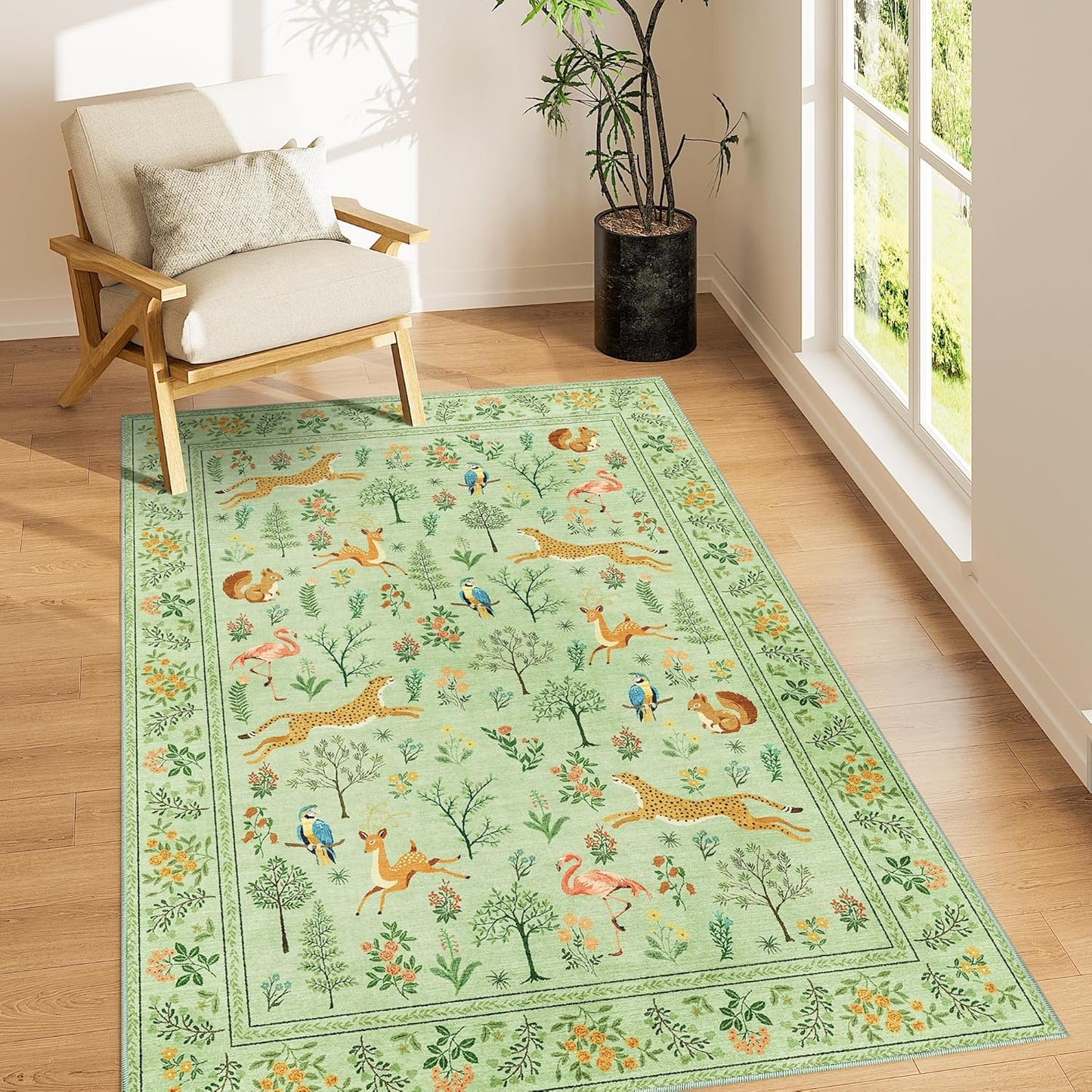 DUKINO 3x5 Rug, Washable Animal Area Rug with Non Slip Vintage Design, Indoor Soft Low Pile Carpet for Bedroom, Nursery, Dining Room, Farmhouse, Playroom, Light Green