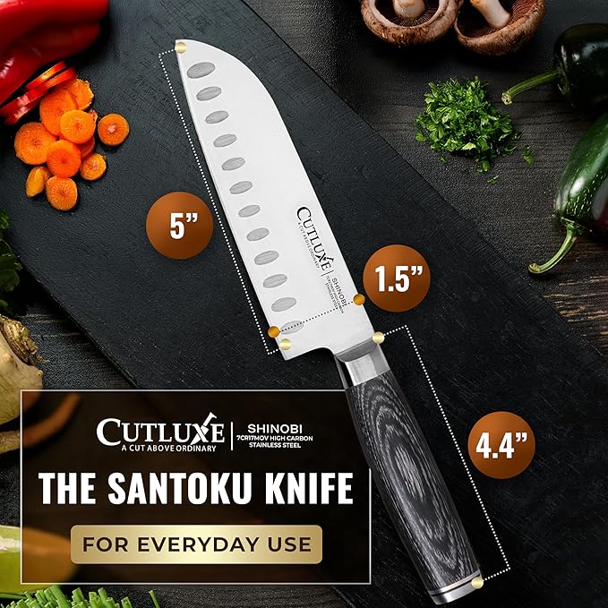 Santoku Knife – Ultra Sharp 5 Inch Meat and Vegetable Japanese Knife for Chopping, High Carbon Stainless Steel Blade, Full Tang Pakkawood Handle – Shinobi Series