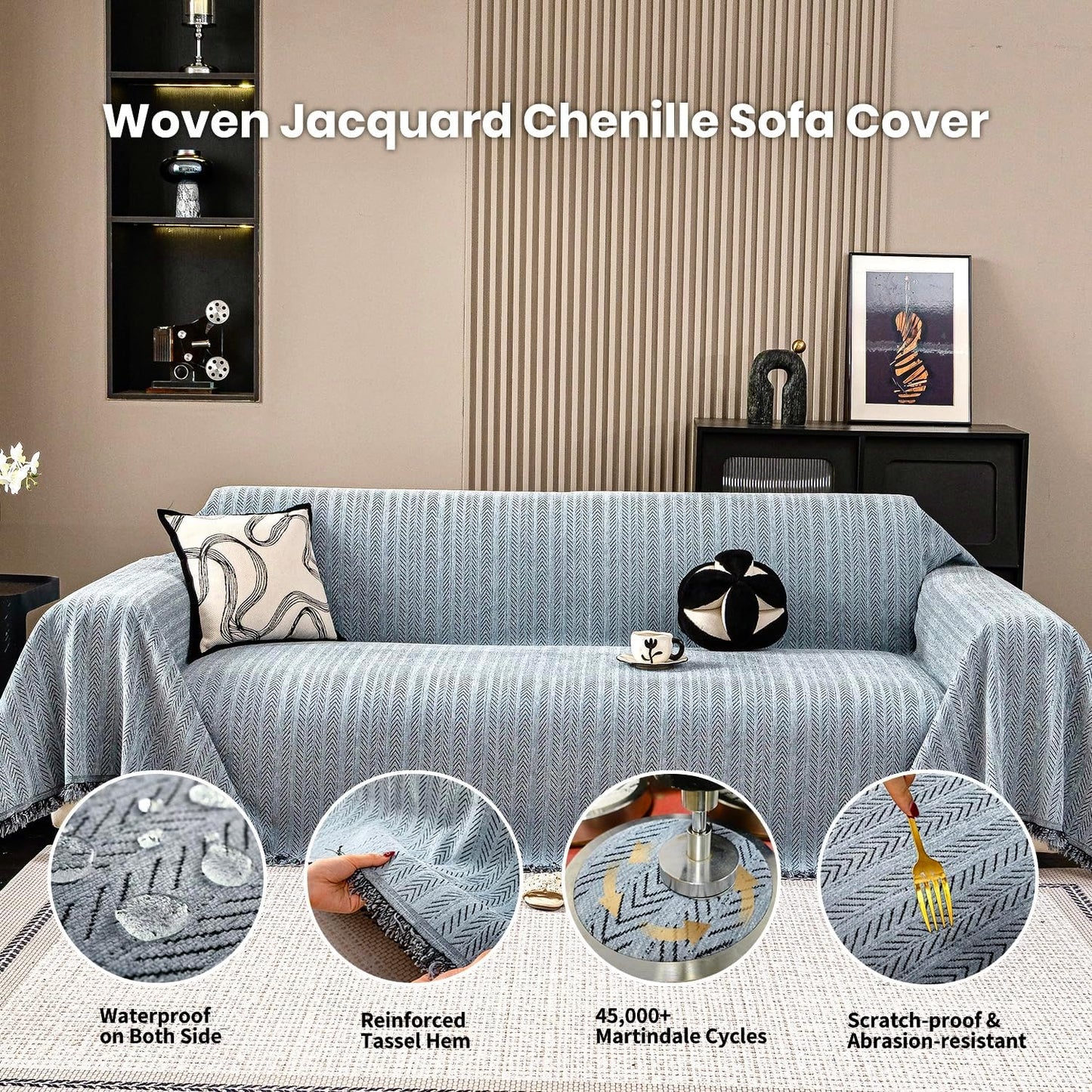 Nobildonna Sofa Cover Washable Soft Thicken Chenille Couch Cover with Tassel,Waterproof Sofa Slipcover for 3-4 Cushion Couch,Sectional Sofa,L-Shaped Furniture Protector Pet-Friendly,Dusty Blue71 x134