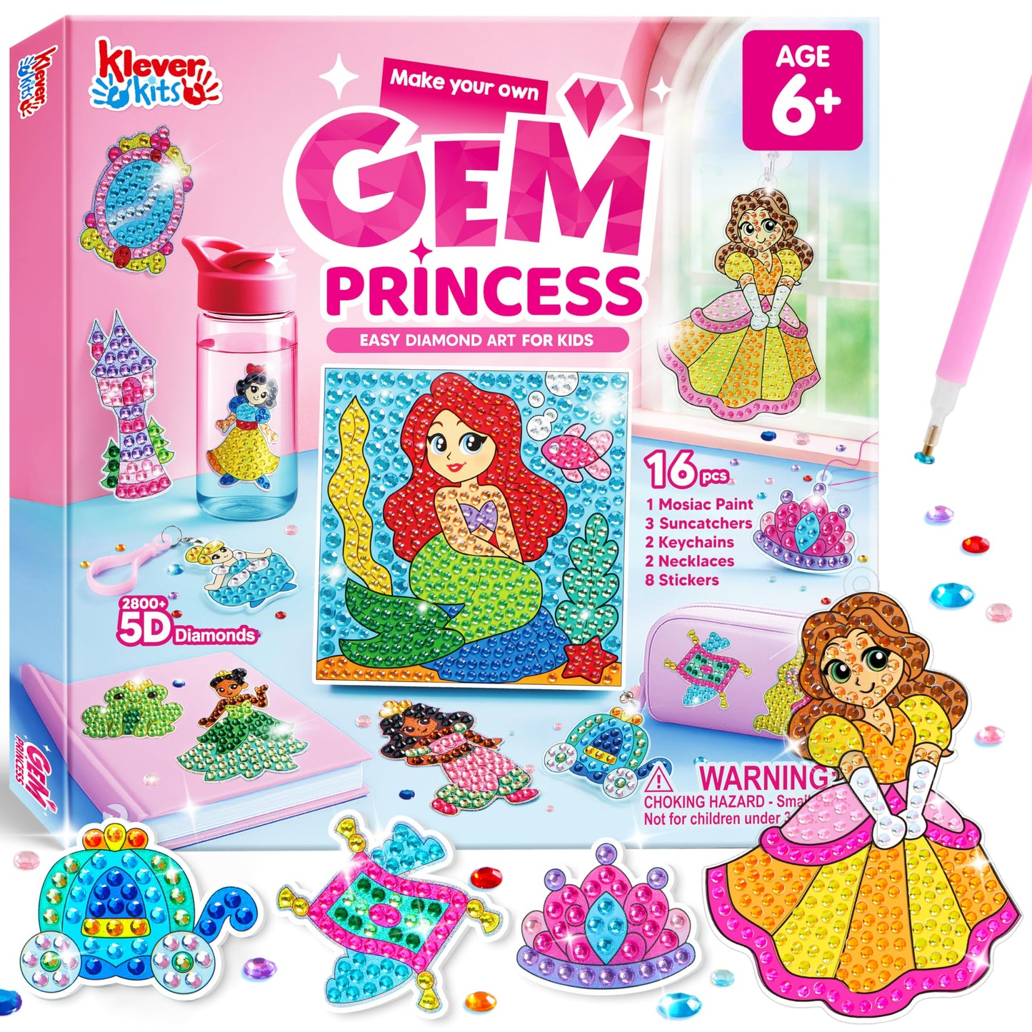 Klever Kits 16 Projects Gem Princess for Kids, Make Your Own Diamond Gem Painting Kit, Arts and Crafts for Girls Ages 6-12, Gem Craft Activities Kits, Premium Art Gift Ideas for Girls Ages 6, 7, 8+