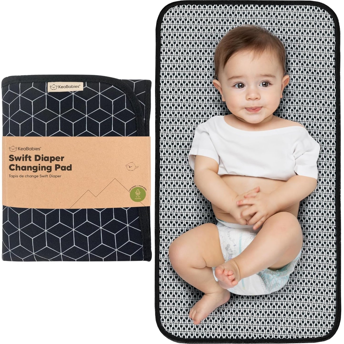 KeaBabies Portable Diaper Changing Pad, Easy Wipe Clean - Foldable Waterproof Baby Changing Mat for Diaper Bag, Compact, Lightweight, 25x13 Baby Changer Travel Essential, Machine Washable (Black Geo)