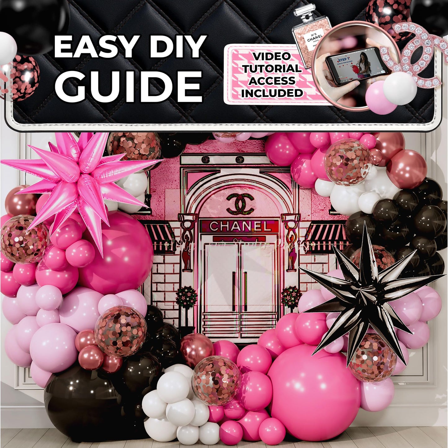 ALL-IN-1 Pink and Black Balloons Arch Kit with BONUS Starburst Balloons – Pink Black and White Balloons for Hot Pink and Black Party Decorations for Birthday and Theme Party Celebrations