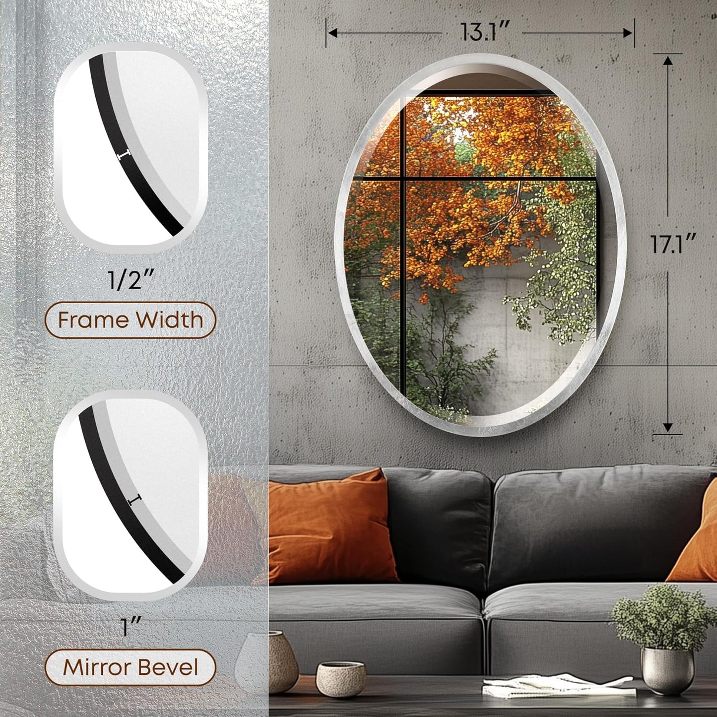OVALCREST - Oval Wooden Beveled Wall Mirror for Home Decor, Bathroom, Vanity, Bedroom, Living Room, Hallway - London Style (Silver Leaf with Brown Antique) 13.1 x 17.1