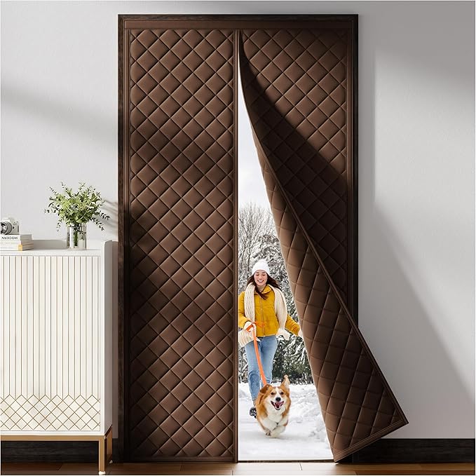 Magnetic Thermal Insulated Door Curtain Fit Door Size 32" x 80", Quilted Oxford Fabric Thicken Cotton Fill, Winter Cover Keep Cold Draft Out, Blanket Insulation for Front Patio Doors Brown