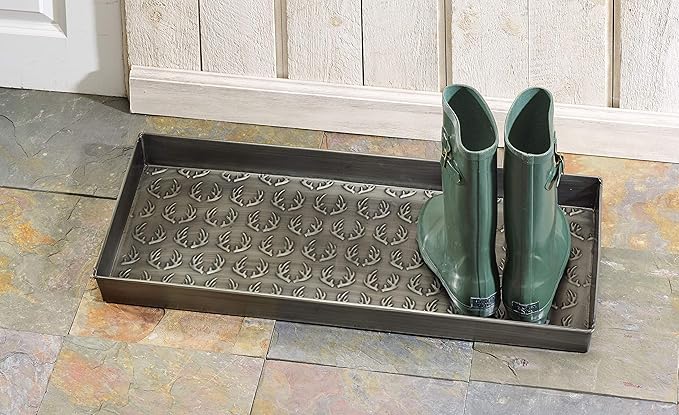 HF by LT Antlers Pattern Metal Boot-Tray, 30 x 13 inches, Antique Zinc Finish