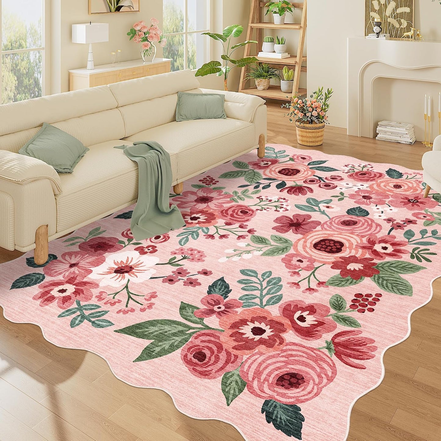 DUKINO 5x7 Area Rug, Floral Washable Rugs for Living Room with Non Slip Backing & Non-Shedding, Lightwight Low Pile Boho Design Large Carpets for Bedroom, Living Room, Dining Room, Pink