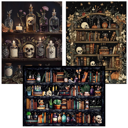 Axquilon 3 Pack Bookshelf Diamond Art Kits for Adults, Skull Diamond Painting Kits for Adults Beginner, DIY 5D Full Drill Gem Art for Home Wall Decor 12x16 inch