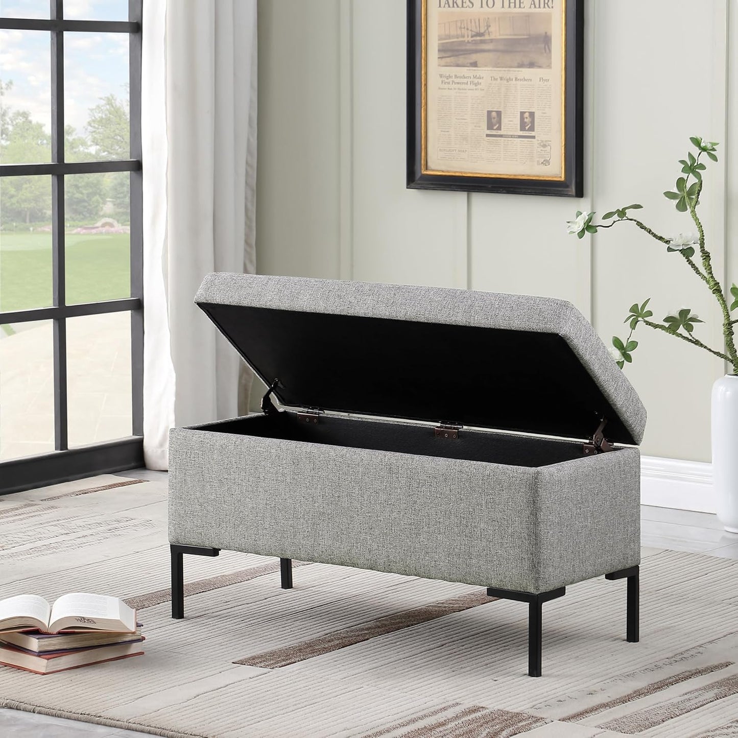 HomePop Upholstered Storage Bench with Metal Leg|Homepop Home Décor|Bench with Storage for Living Room & Entryway - Gray Woven