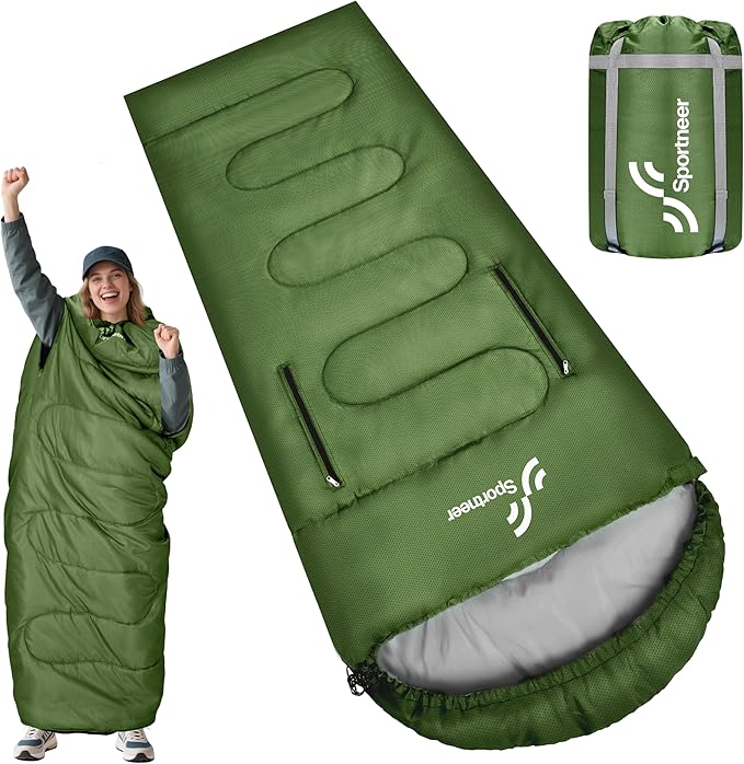 Sportneer 0 Degree Wearable Sleeping Bag for Adults & Kids – Walkable with Arm Zippers, Waterproof & Warm, Compact for Camping, Stadiums, Travel, Backpacking & Car Use