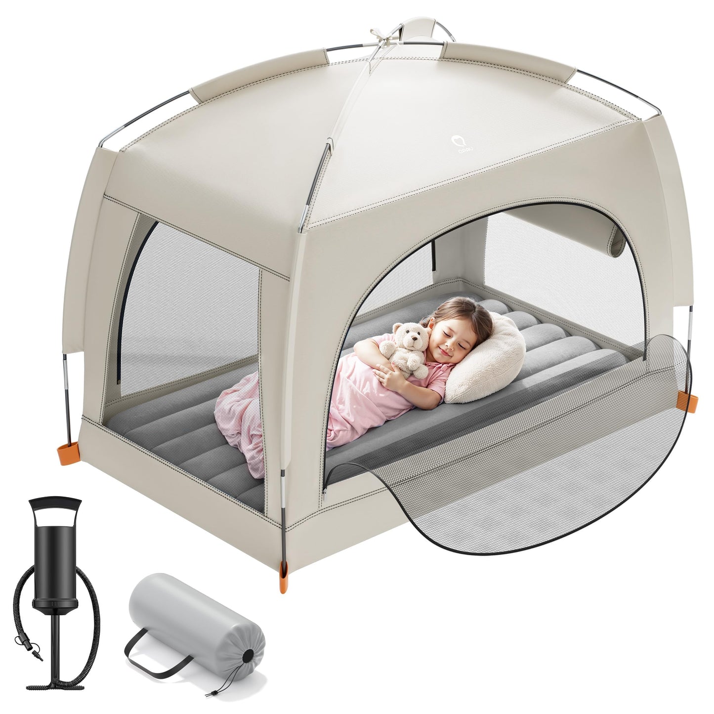 QPAU Inflatable Toddler Travel Bed with Tent – Lightweight Blow Up Kids Air Mattress with Hand Pump – Indoor & Outdoor Portable Sleeping Solution for Camping, Travel, Home, Grandma’s – Ages 3+