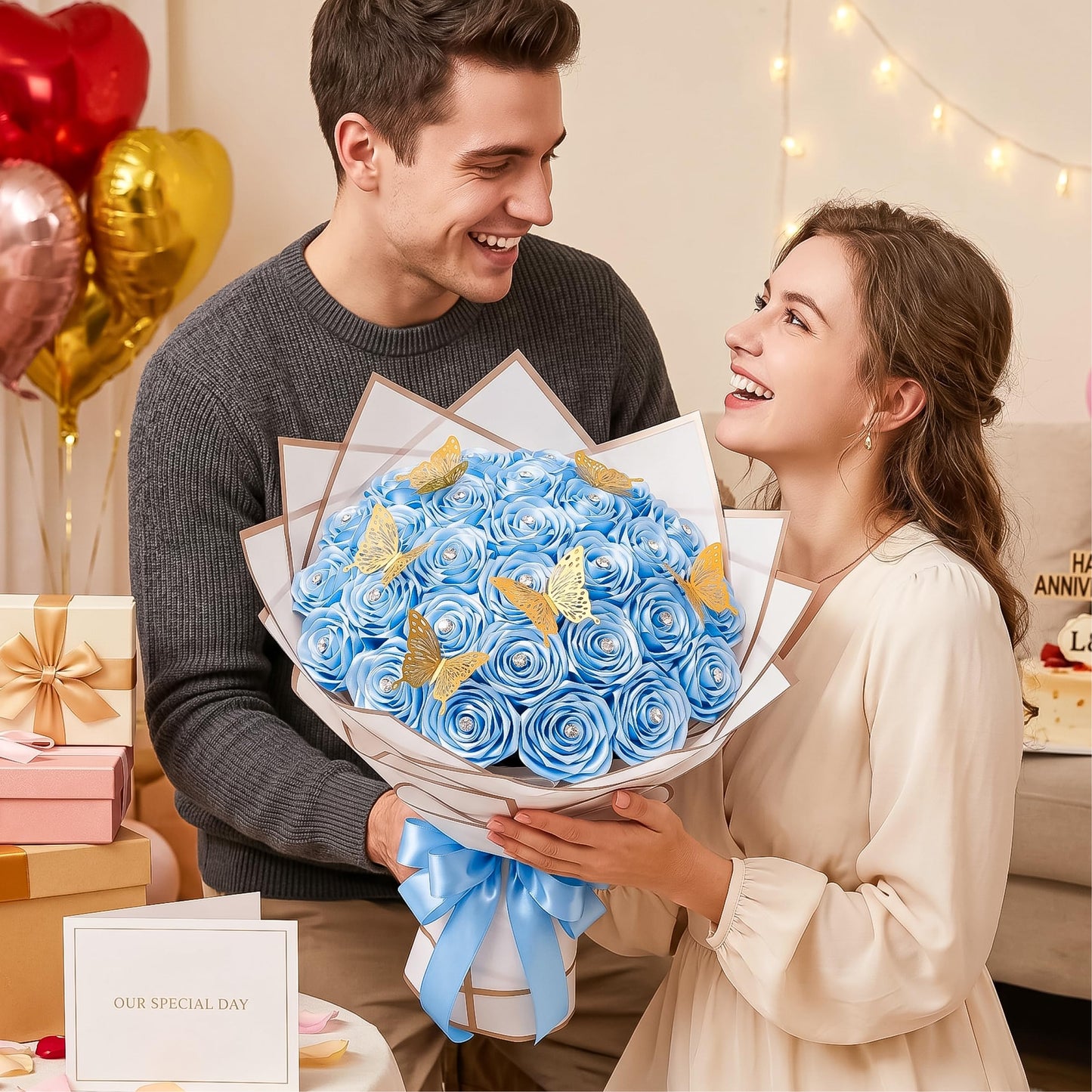 Caydo Sky Blue Ribbon Rose Bouquet for 2026 Graduation Gifts, 91PCS Ribbon Flower Making Kit with Floral Stem Wire, Wrapping Paper, Glue Stick, 3D Butterfly & Diamond Pins
