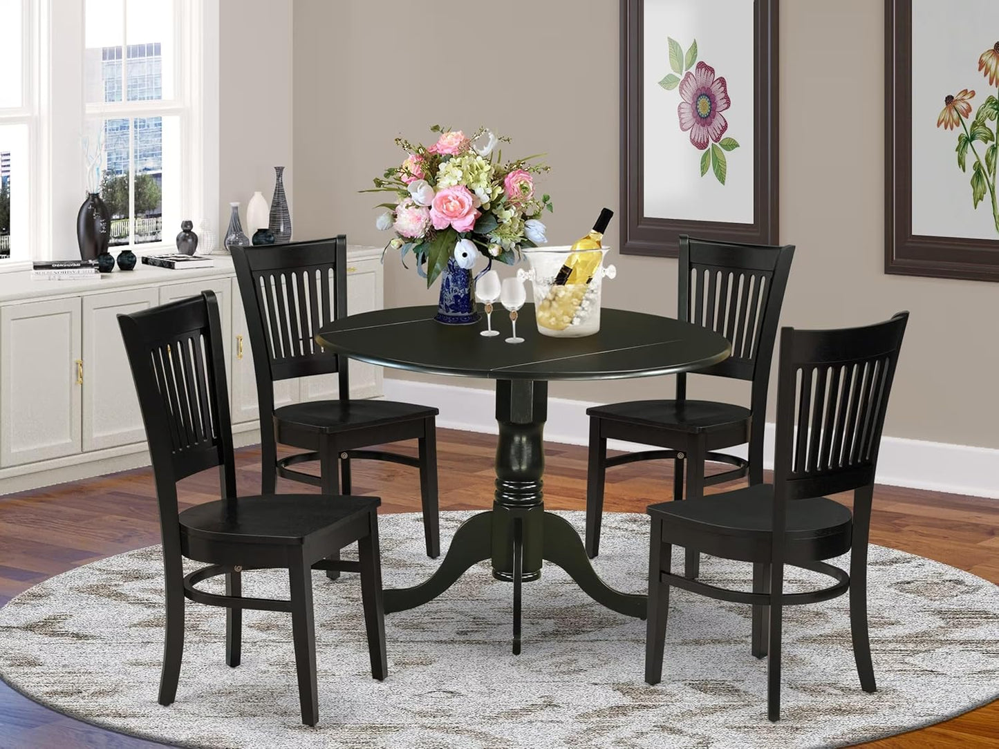East West Furniture DLVA5-BLK-W 5 Piece Dining Set Includes a Round Dining Room Table with Dropleaf and 4 Kitchen Chairs, 42x42 Inch, Black