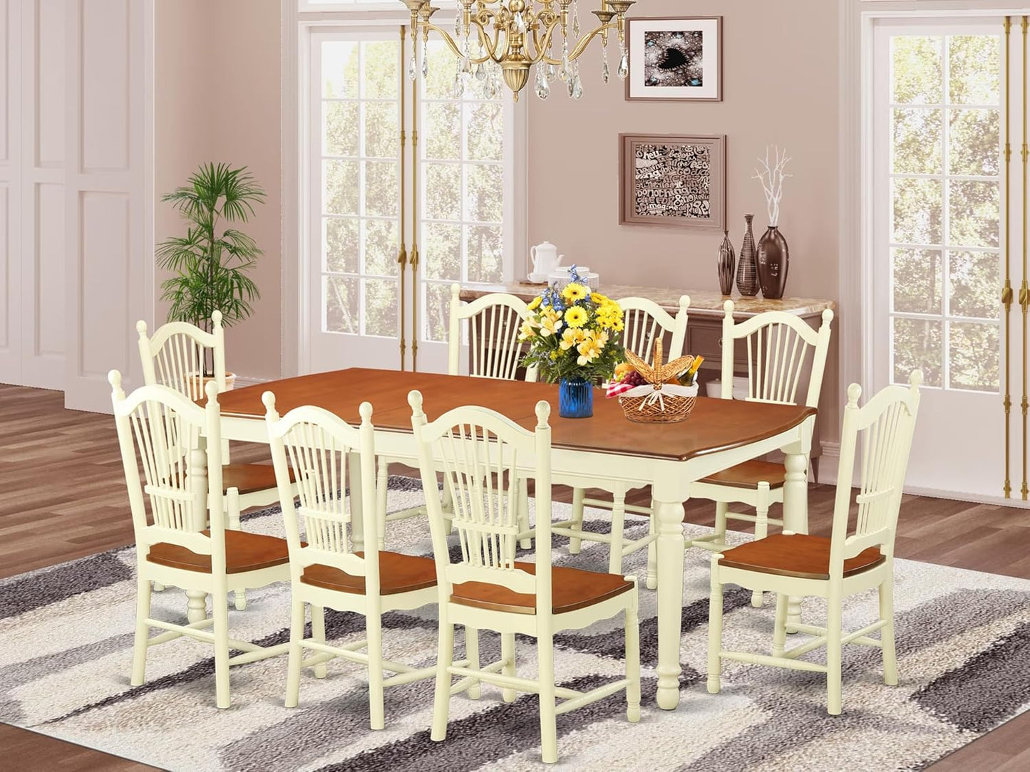 East West Furniture DOVE9-WHI-W 9 Piece Dining Room Table Set Includes a Rectangle Kitchen Table with Butterfly Leaf and 8 Dining Chairs, 42x78 Inch, Buttermilk & Cherry