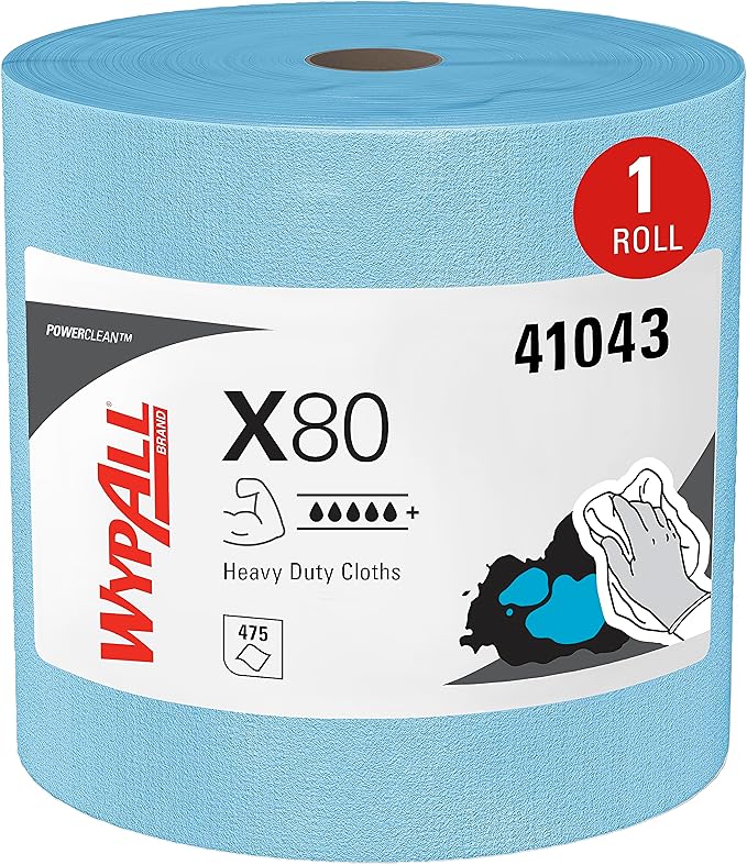 WypAll PowerClean X80 Cloths Heavy Duty Wipes (41043), Jumbo, Extended Use Towels, Blue (1 Roll of 455 Sheets, 455 Sheet Total)