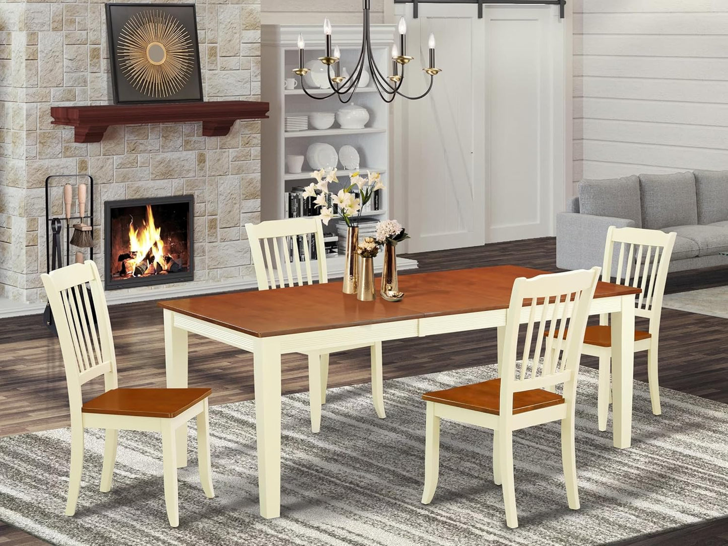 East West Furniture QUDA5-BMK-W 5 Piece Kitchen Table Set for 4 Includes a Rectangle Dining Room Table with Butterfly Leaf and 4 Solid Wood Seat Chairs, 40x78 Inch, Buttermilk & Cherry