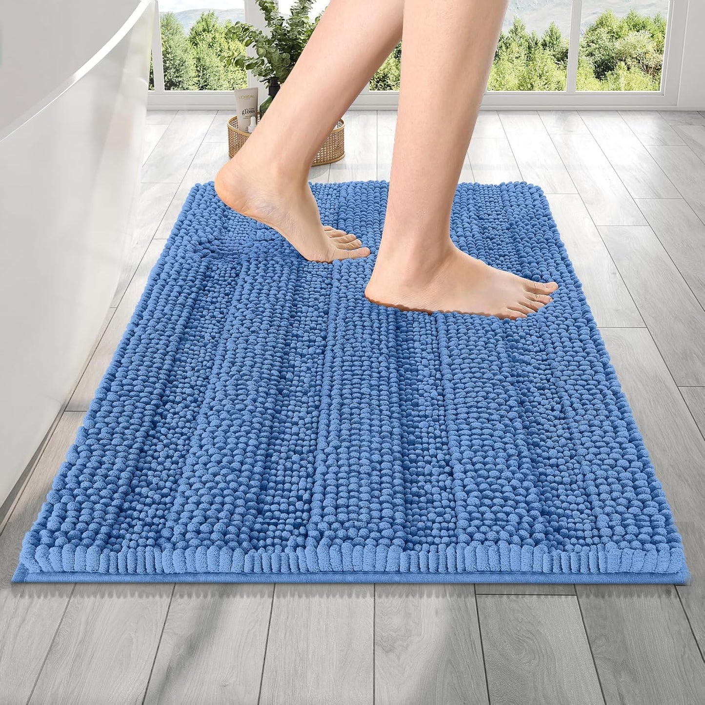 OLANLY Thick Bathroom Rugs 24x16, Extra Soft Absorbent Chenille Striped Bath Rugs, Rubber Backing, Machine Wash, Bath Mats for Bathroom Floor, Tub and Shower, Home Decor Accessories, Cornflower Blue