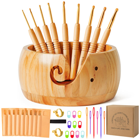 WATINC Wooden Yarn Bowl Holder Set - Large Crochet Yarn Storage Bowls with 9pcs Metal Knitting Hooks, Adjustable Loop Ring Stitch Markers with Box Crochet Gifts for Knitters Crocheters (Natural)