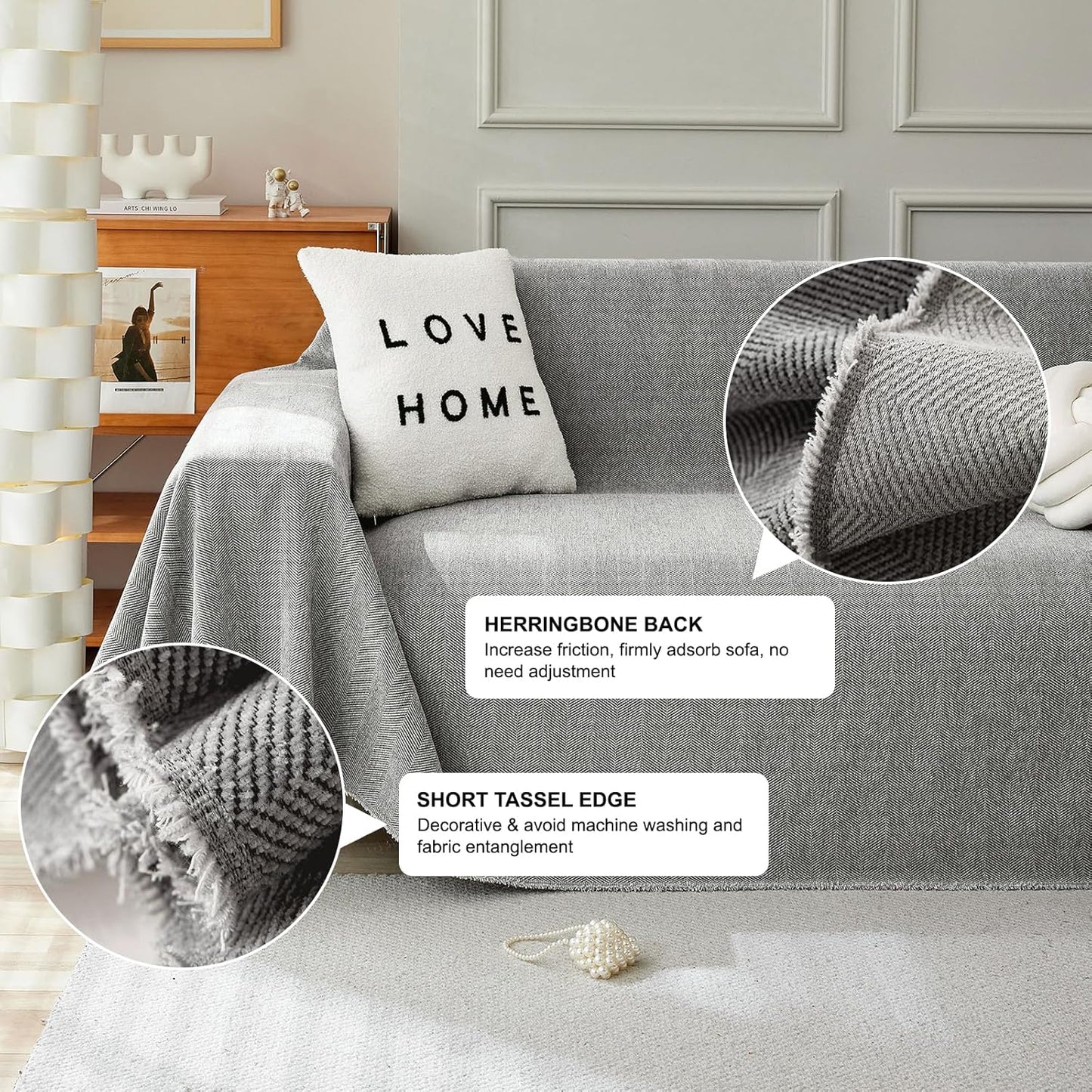 STACYPIK Soft Dark Gray Couch Cover for Pets, Herringbone Jacquard Sofa Covers for 3 Cushion Couch,Skin-Friendly Washable Sofa Covers for Loveseat, Non Slip Sectional Sofa Blanket Cover-91X134IN