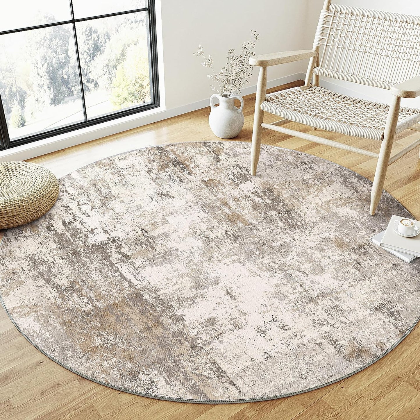 8x8 Washable Round Rug Brown Grey Neutral Abstract Living Room Bedroom Large Area Rug Non Slip Soft Low Pile Indoor Floor Carpet for Dining Room Kitchen Office Entryway