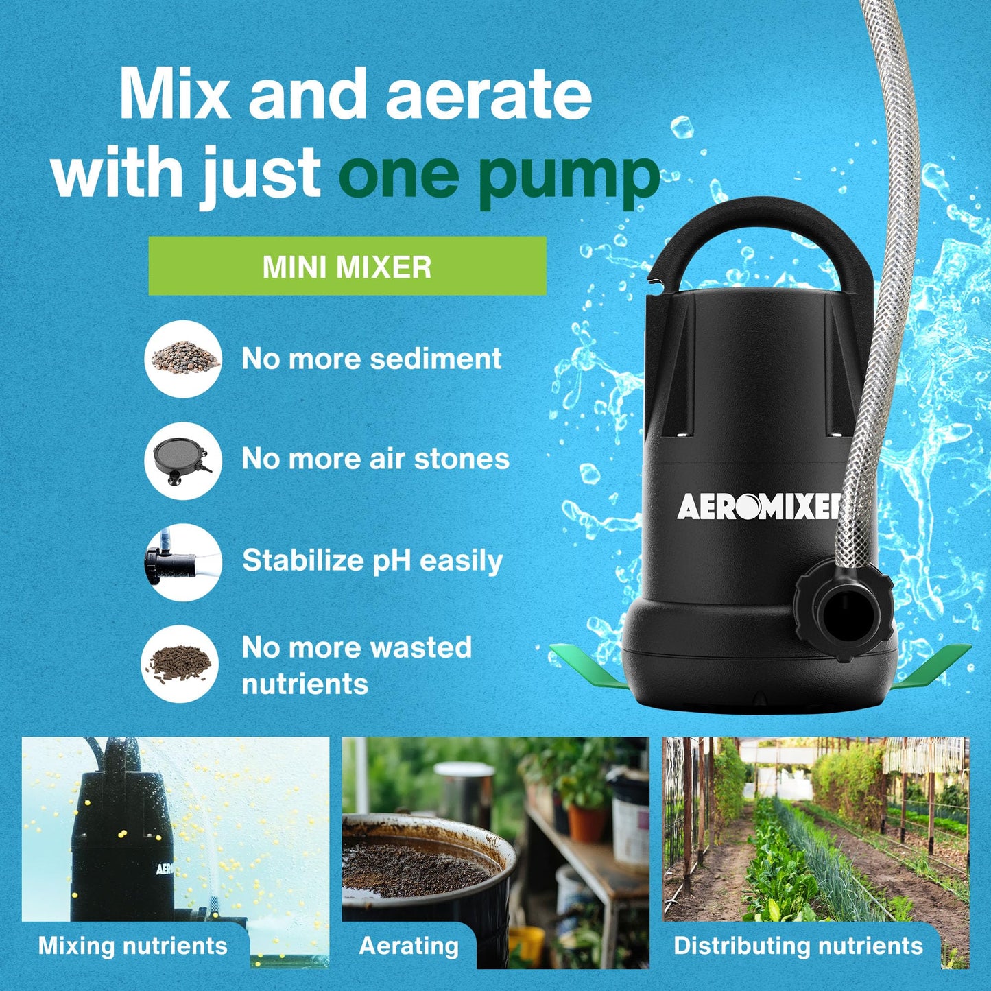 Aeromixer MINI 1/4 HP Submersible Mixing + Aerating Pump - Submersible Water Pump for Nutrient Mixing and Aerating, Electric Garden Water Pumps, Heavy Duty Outdoor Pumps for Farming and Gardening