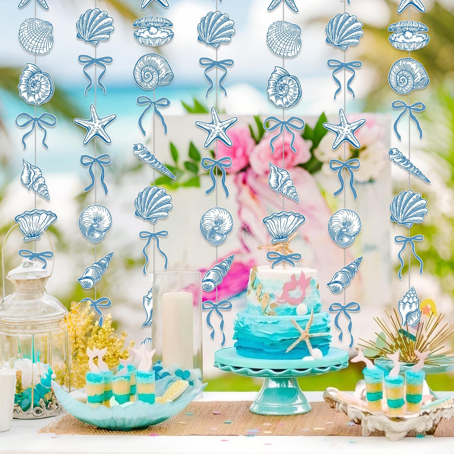 Sea Blue Bow Starfish and Seashell Garlands Summer Ocean Party Supplies 8PCS Coastal Starfish and Seashell Banners Nautical Party Decorations for Marine Baby Shower Wedding Bachelorette Decor