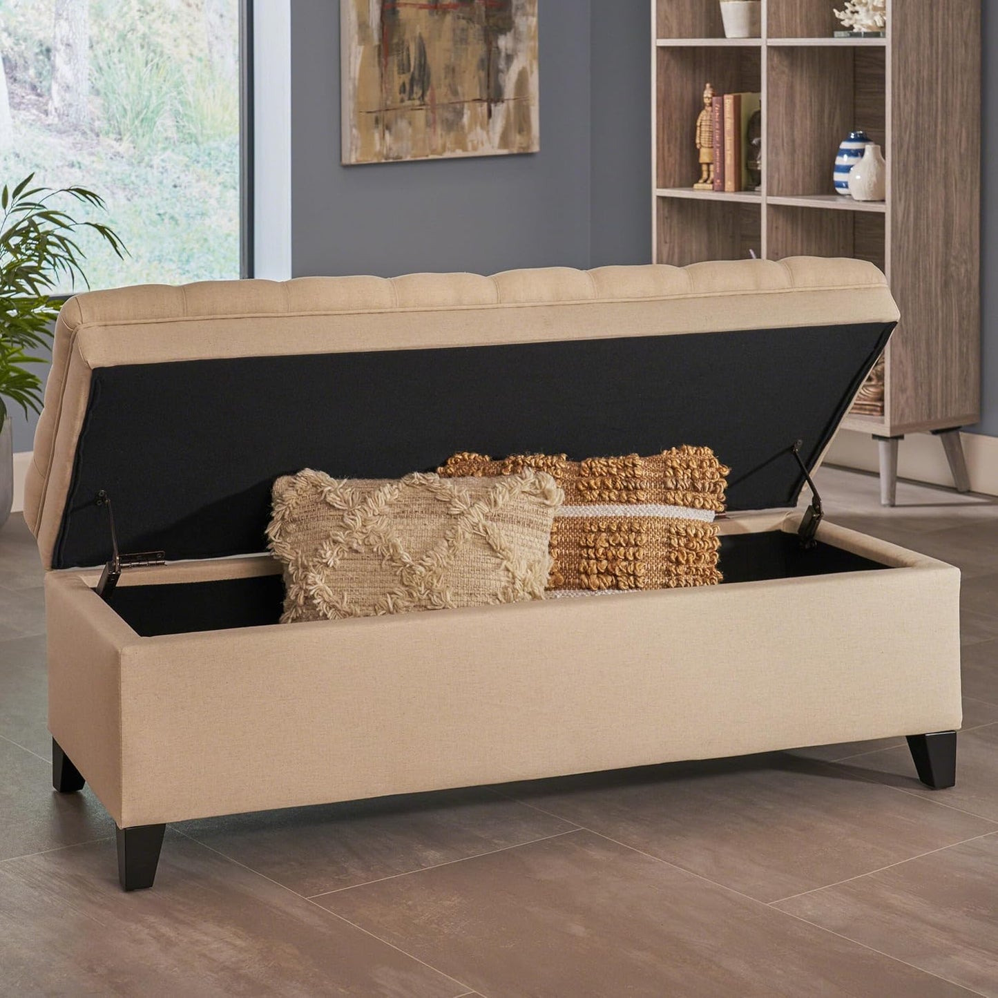 Ball & Cast 50" Upholstered Storage Ottoman with Button-Tufted Diamond Stitching,End Bench w/Uses Pressure Hinges and Legs,Versatile Entryway Footrest Stool for Living Room & Bedroom,Beige
