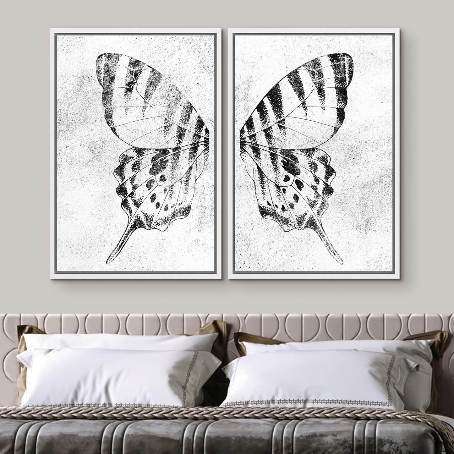 SIGNWIN Framed Canvas Print Wall Art Set Black & White Monarch Butterfly Wing Insect Nature Wilderness Illustrations Modern Art Rustic Relax/Calm for Living Room, Bedroom, Office - 16"x24"x2 White