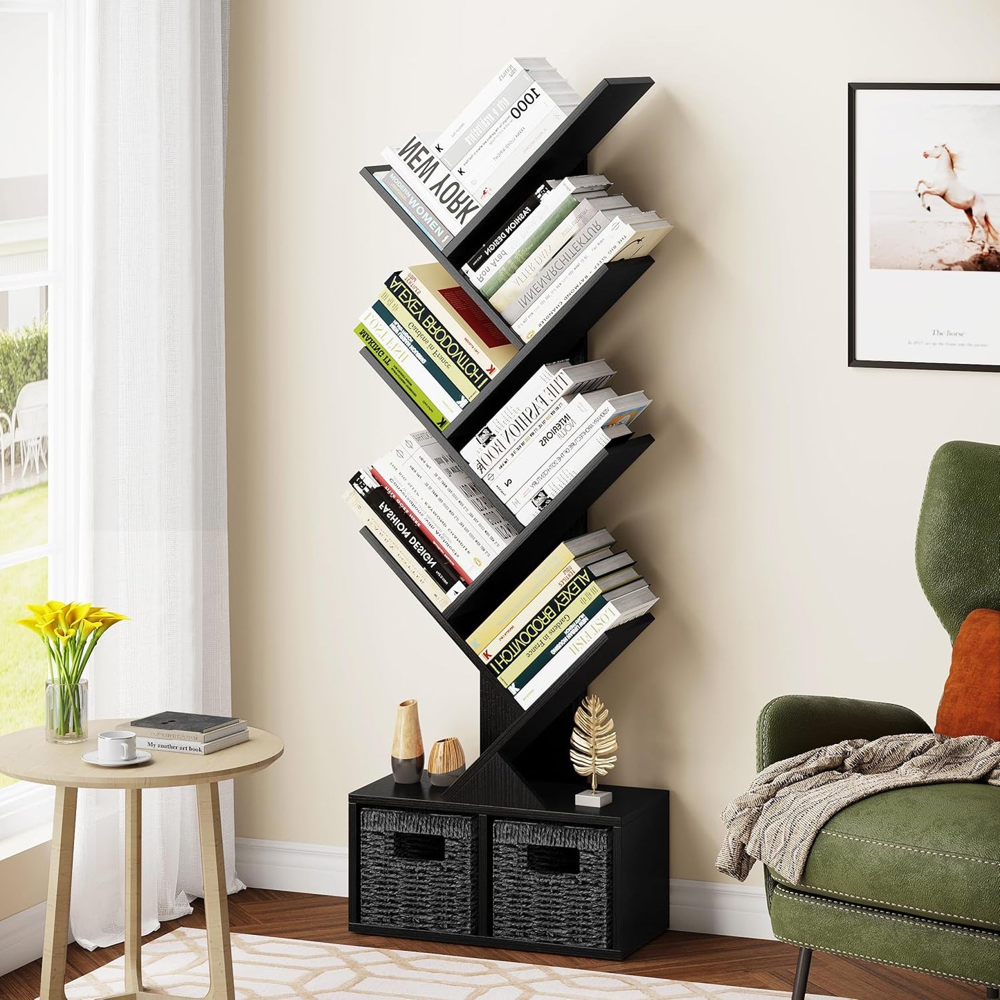 Vagusicc Tree Bookshelf, 6 Tier Bookshelf with Storage, Tall Narrow Bookcase, Rustic Wood Book Storage Rack for CDs/Books, Small Book Organizer Shelves for Bedroom, Living Room, Home Office, Black