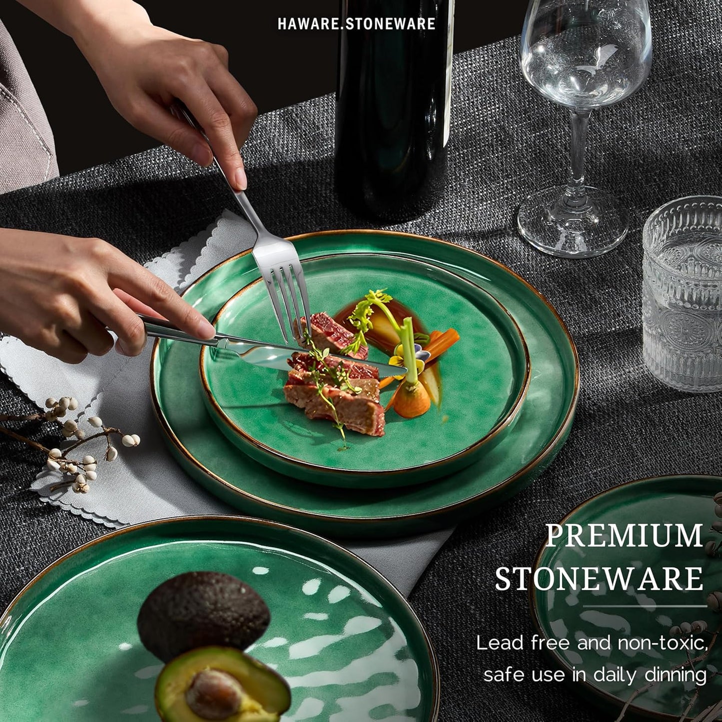 HaWare Dinnerware Sets, 24-Piece Plates and Bowls Set, Stoneware Dish Set for 8, Ceramic Dinnerware for Home Restaurant, Chip and Scratch Resistant, Microwave and Dishwasher Safe, Reactive Green