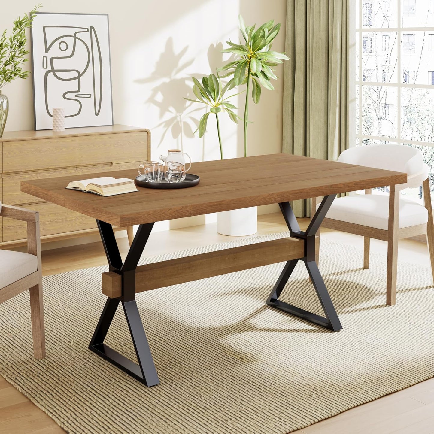 Christopher Knight Home Keyats 63 Inch Dining Table for 6 People, Modern Farmhouse Kitchen Table with X-Shaped Metal Legs, Rectangular Dinner Furniture for Dining Room, Home Office, Brown