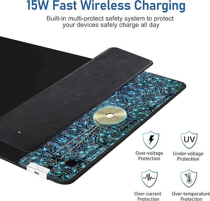 Mouse Pad with Wireless Charging, Gaming Mousepad, 31.5"x15.7" Extra Large Desk Mat XXL, Non-Slip Rubber Base, Waterproof Computer Keyboard Pad for Gaming, Home, Office, Black Desk Pad