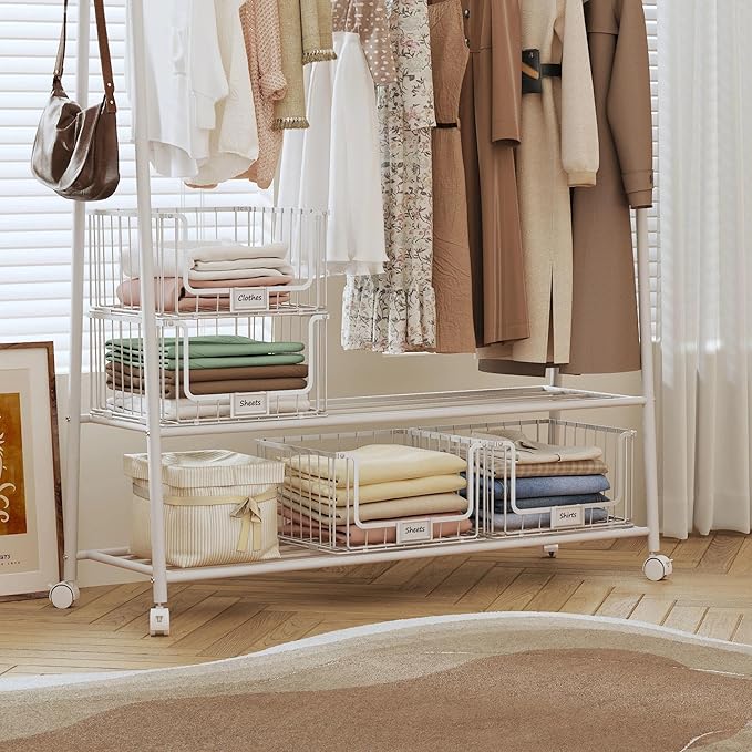 4-Tier Stackable Closet Organizers and Storage, Clothes Shelf Organizer, Foldable Wire Basket Bins, Sweater Storage for Closet and Pantry,11.8" D x 15.7" W,White