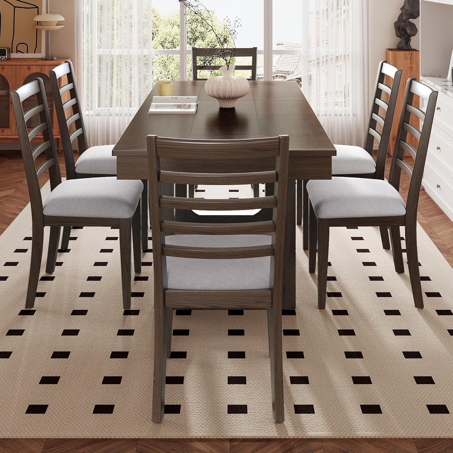 Merax 7 Piece Extendable Wooden Dining Table Set, Farmhouse Extendable with 18" Move Leaf, 78" Rustic and 6 Upholstered Chairs for Kitchen Room, Brown