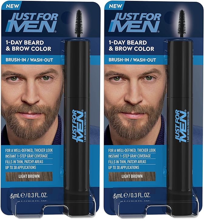 Just for Men 1-Day Beard & Brow Color, Temporary Color for Beard and Eyebrows, For a Fuller, Well-Defined Look, Up to 30 Applications, Light Brown (Pack of 2)