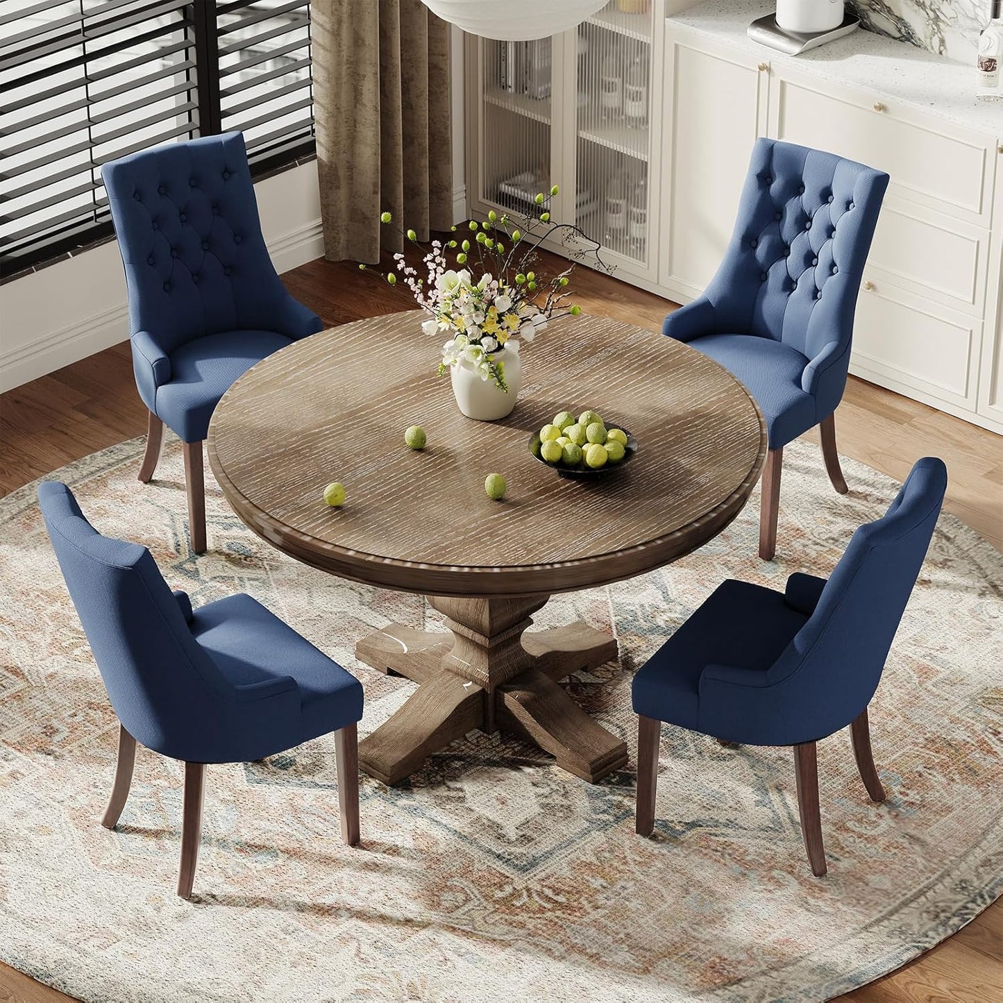 COLAMY Wingback Upholstered Side Dining Room Chairs Set of 4, Fabric Dining Chairs with Tufted Button, Living Room Chairs for Home Kitchen, Blue