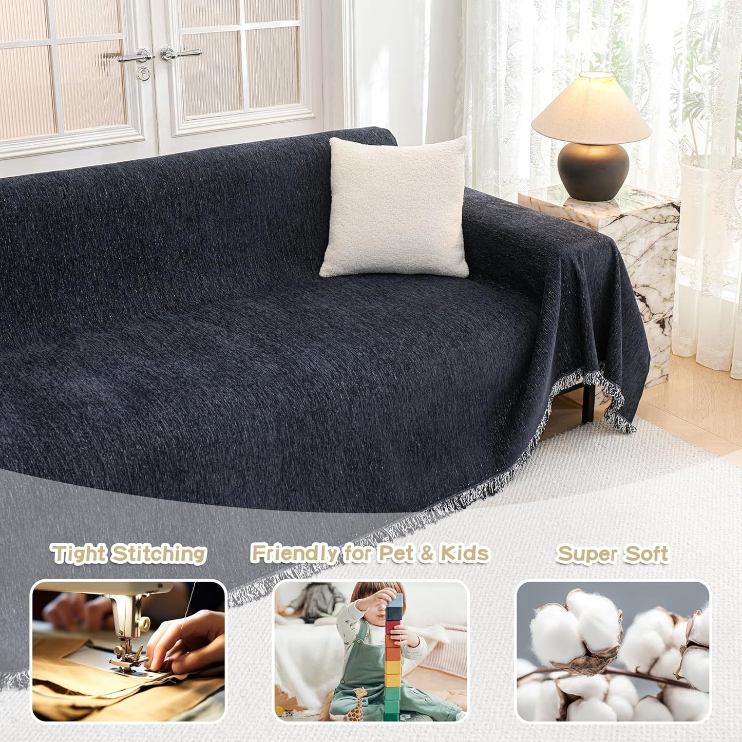 MYSKY HOME Couch Cover for Dogs, Washable Couch Covers, Non Slip Dogs Furniture Protector with Tassels, Chenille, Navy Blue, 71"x102"